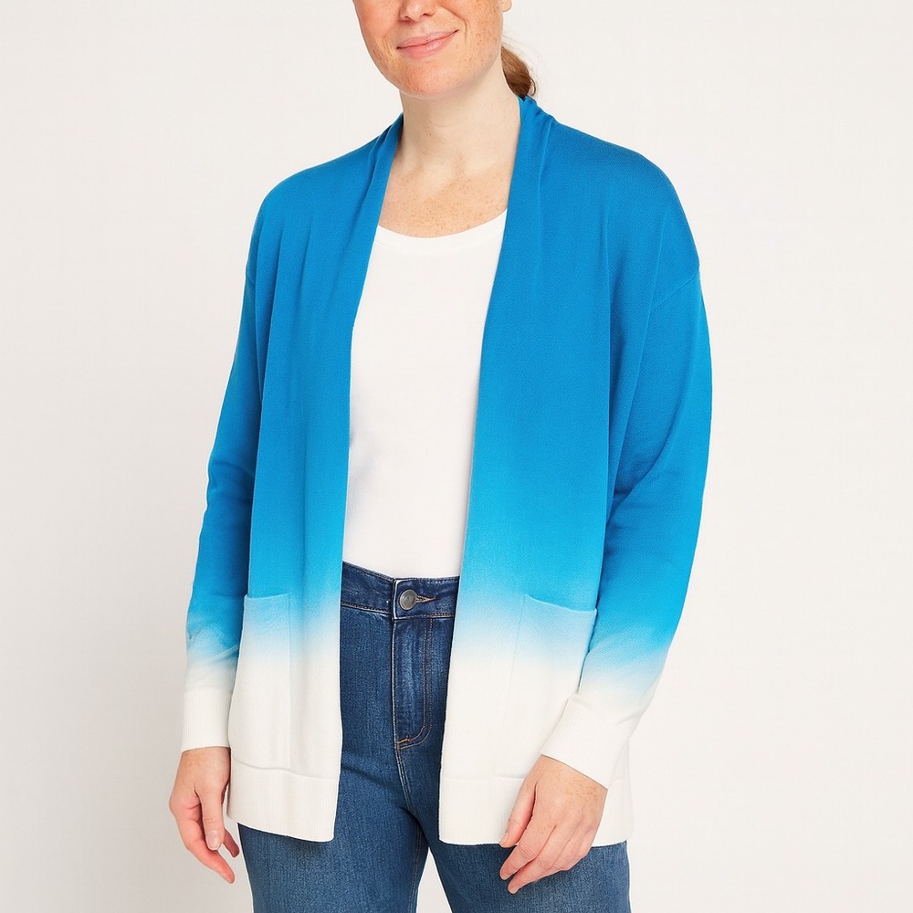 Lands End Womens L Tall Blue White Ombre Open Front Cardigan Sweater Long Sleeve